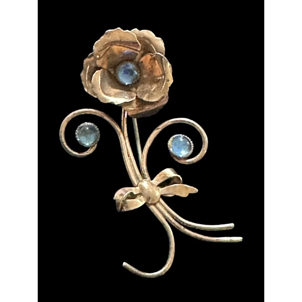 Vintage Gold Tone Flower Floral Brooch Blue Rhinestones Signed AVIL‎ STE